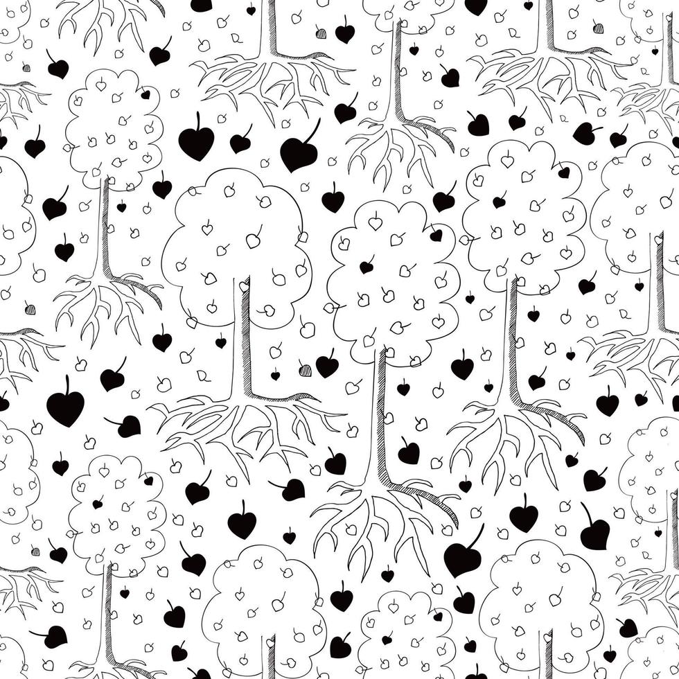 Doodle picture with trees and fallen heart shape leaf's. Roots. Children hand drawn art. Seamless background. Textile, print, wrapping paper or fabric pattern. vector