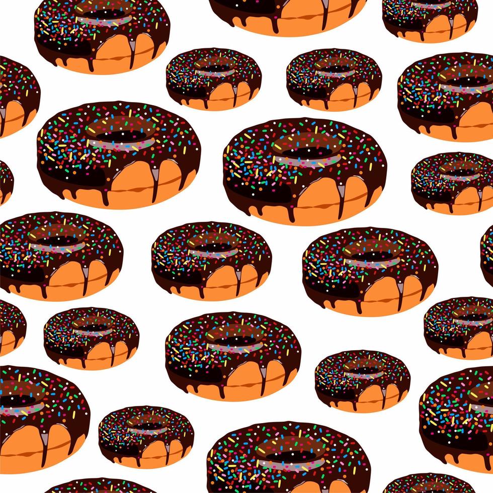 Vector donuts with black chocolate. Seamless pattern. Donut icons. Sweet desserts. Fast food. Food objects icons concept isolated. Glazed round cakes. Print, textile, fabric, wrapping paper. Pattern.
