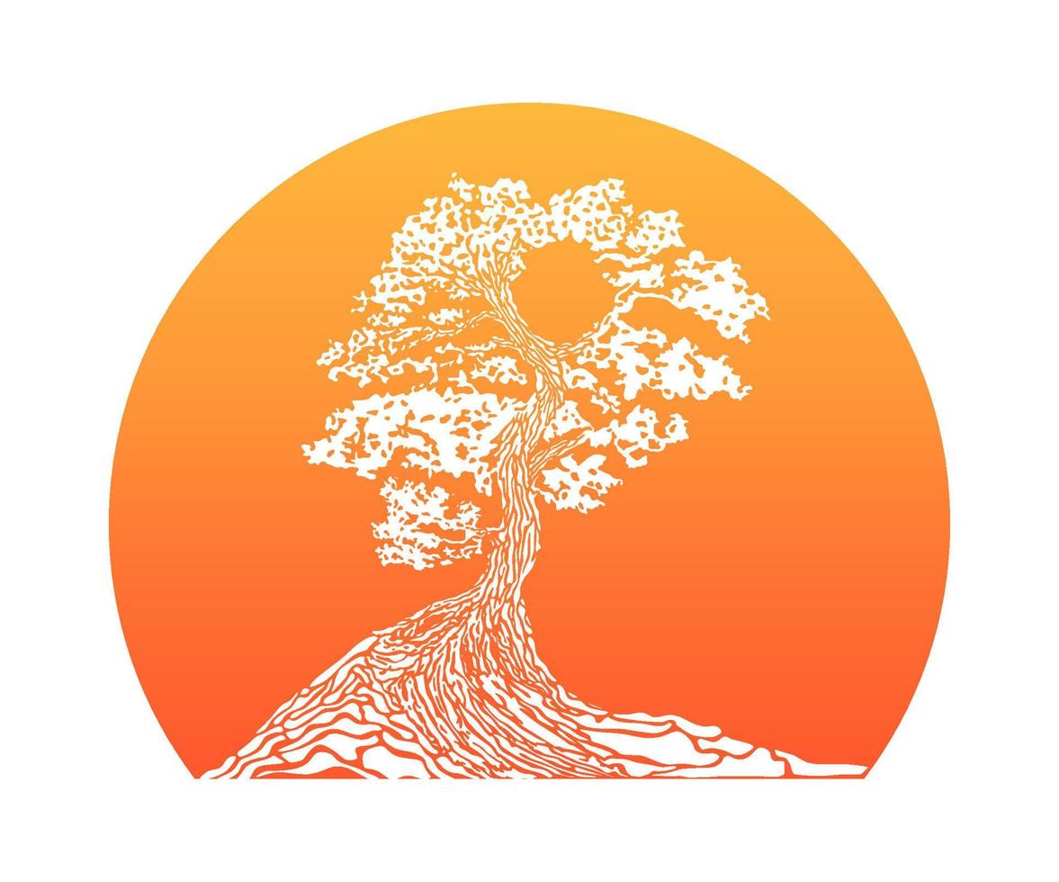 Japanese bonsai tree. Orange round logo, tree icon. Bonsai silhouette vector illustration on isolated white background. Ecology, nature, bio concept. Sunset with tree silhouette. Design template.