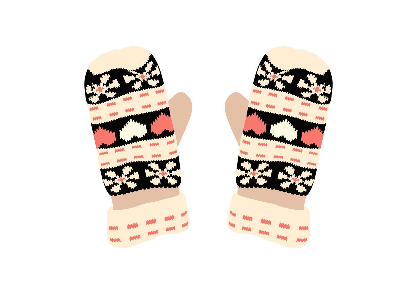Knitted mittens. Ornament pattern. Hearts. Love. Winter accessories. vector
