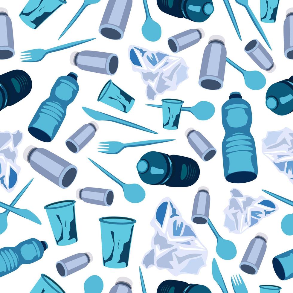Stop plastic pollution. Isolated on white seamless background. Plastic bottles, bags, knifes, spoons, forks. Blue plastic. Wrapping paper, print, fabric, textile, poster. vector