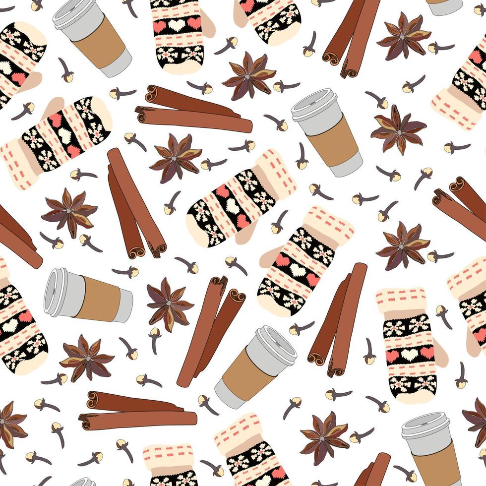 Knitted mittens, plastic coffee cup and aromatic cinnamon sticks seamless background pattern. White backdrop. Winter or autumn time. vector