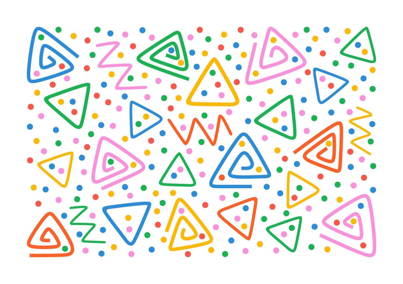 Colorful pattern. Triangles, serpentine, dots and zigzag. Fun colorful line doodle shape background. vector