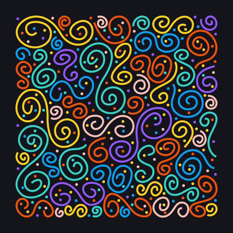 Colorful spirals and dots on black background. Bright pattern. Wavy curly lines. Fun shapes. Stripy elements. vector