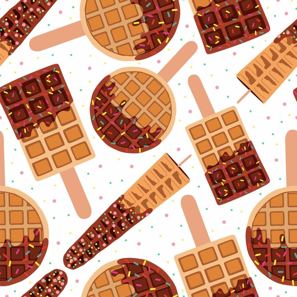 Sweet food and dessert food, vector seamless pattern of golden brown homemade corn dog or hot dog waffle on a stick in various flavors decorations and dark or black chocolate. Print, textile, fabric.