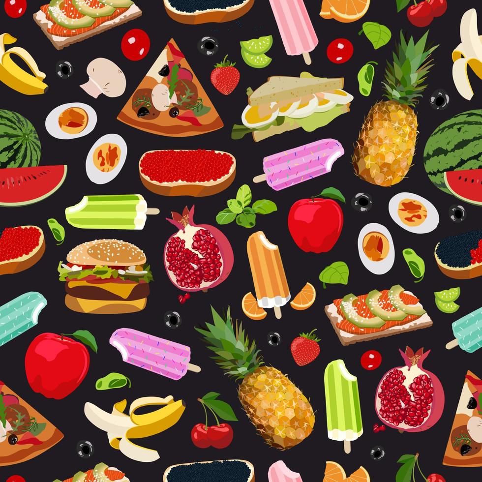 Seamless food pattern. Black background. Ice cream, sandwich, salmon, banana, berries, eggs, pizza, cherry, tomato, basilic, apple, watermelon, pineapple, pomegranate, caviar, lime, olives. vector