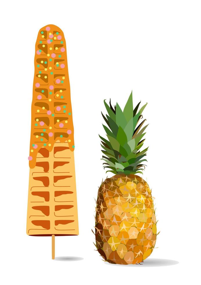 Sweet food and dessert food, vector illustration of golden brown homemade corn dog or hot dog waffle on a stick in various flavors decorations and pineapple chocolate.
