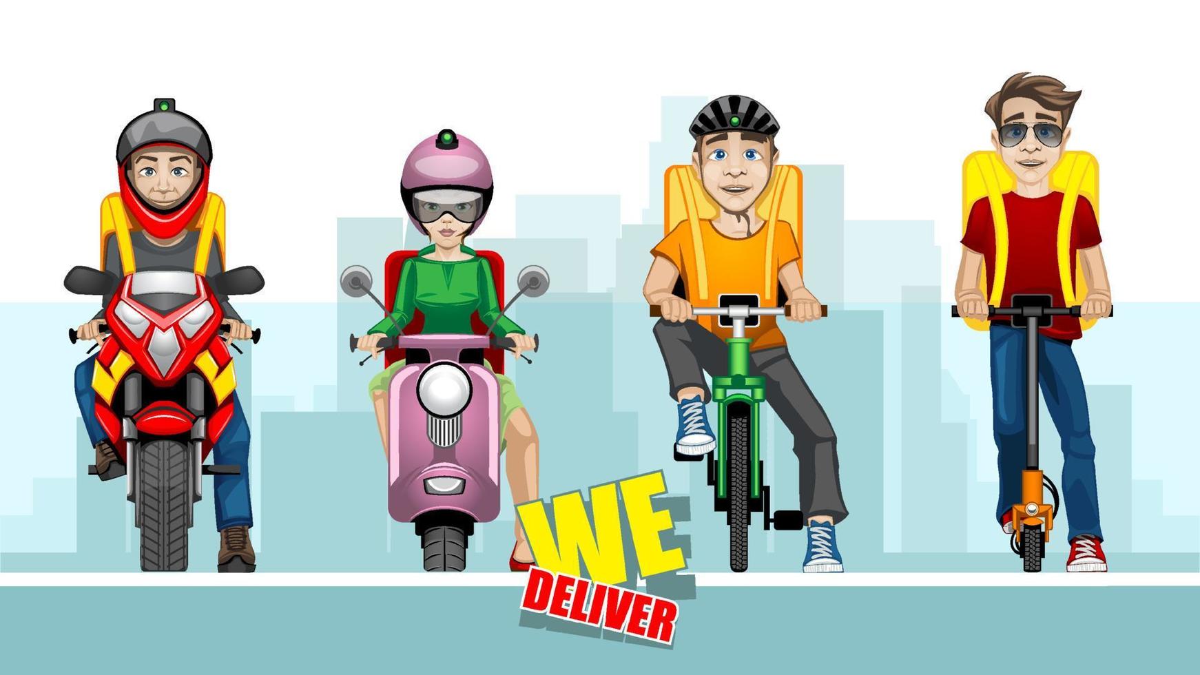 Cartoon illustration with four delivery men on different vehicles on the background of the city. vector