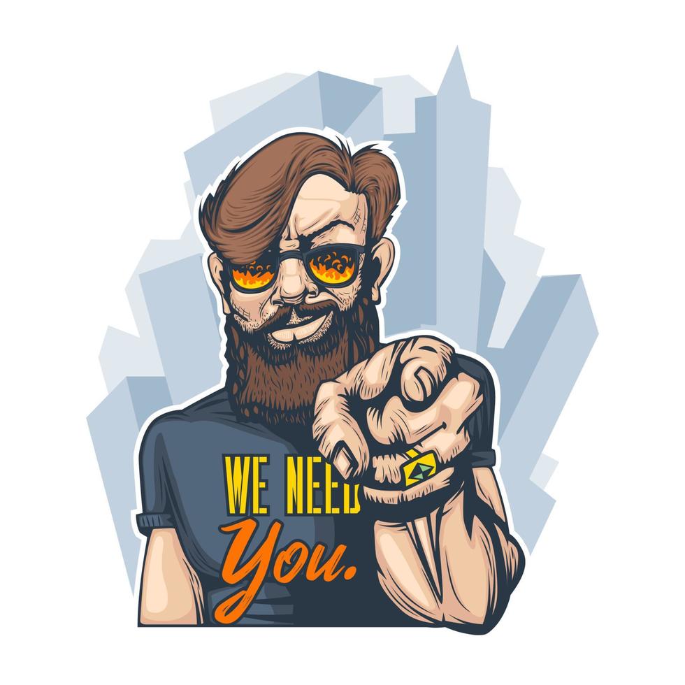 hombre barbudo con gafas, con un signo de dedo, te necesitamos. se puede imprimir en camisetas. vector