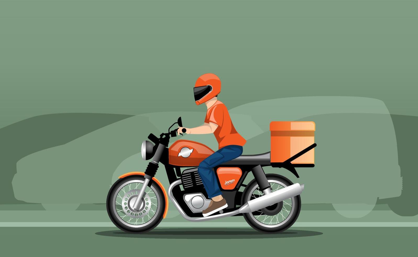 Illustration of a delivery man in motion on a motorcycle against a background of traffic. vector