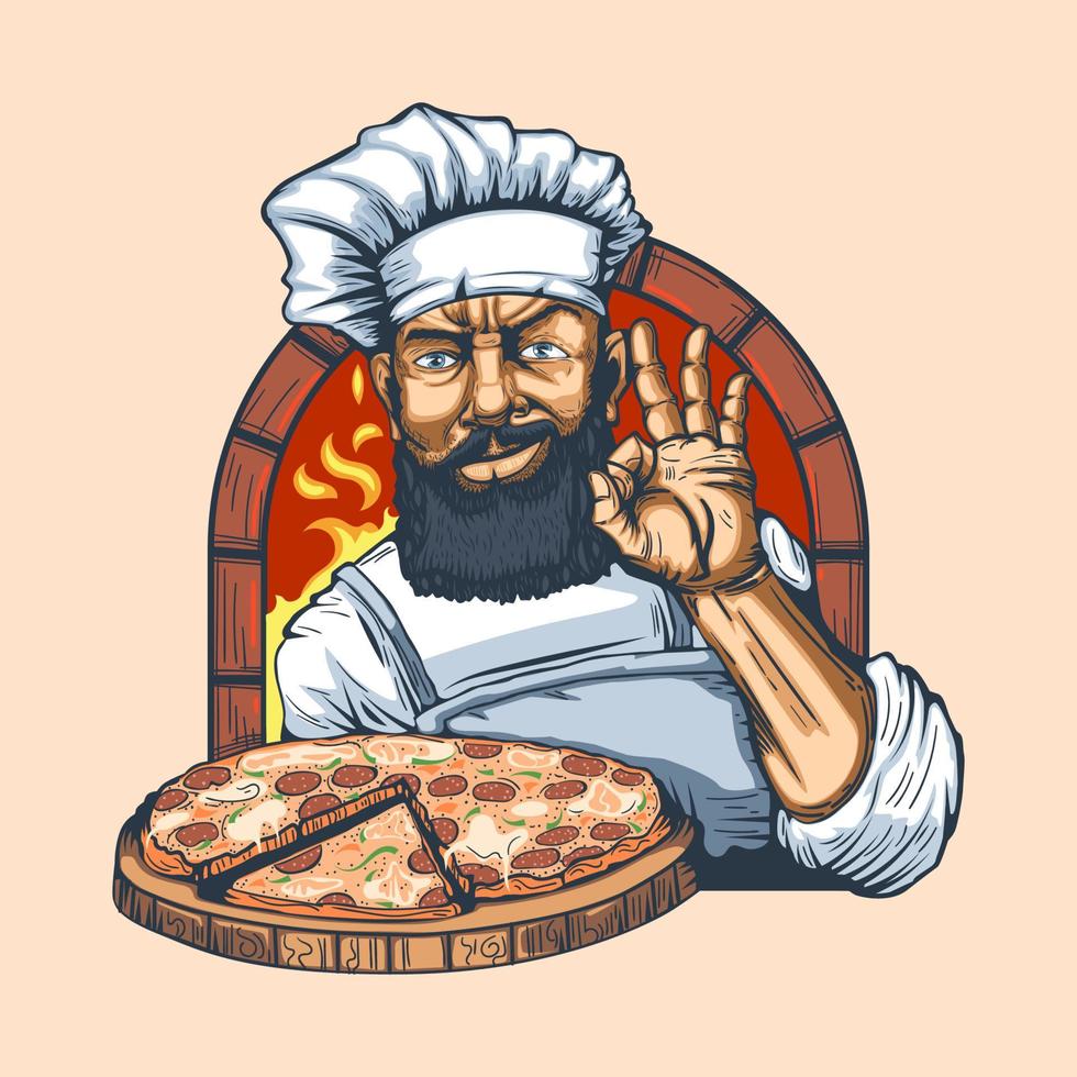 Bearded chef with a pizza in his hand on the background of the oven with a gesture of fingers okay. vector