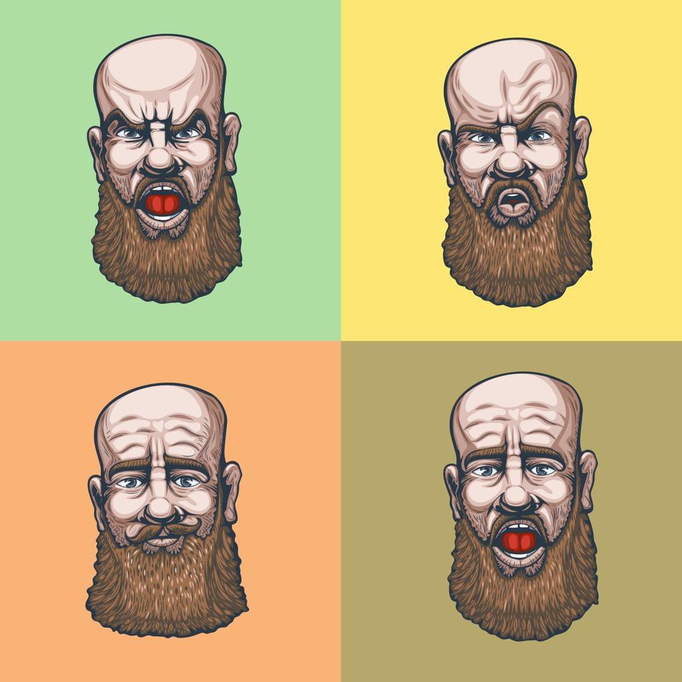 dibujo de un hombre calvo y barbudo con cuatro expresiones faciales. vector