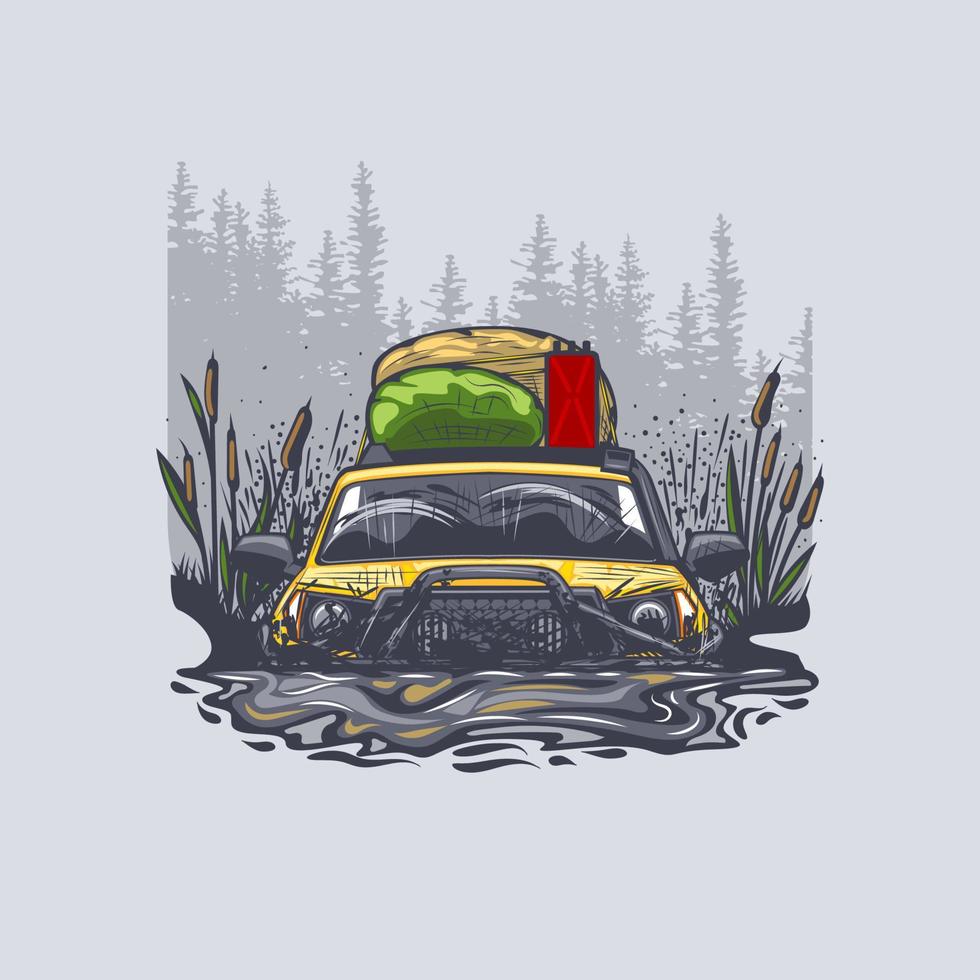 Yellow off-road car got stuck in a swamp with luggage on the roof. vector