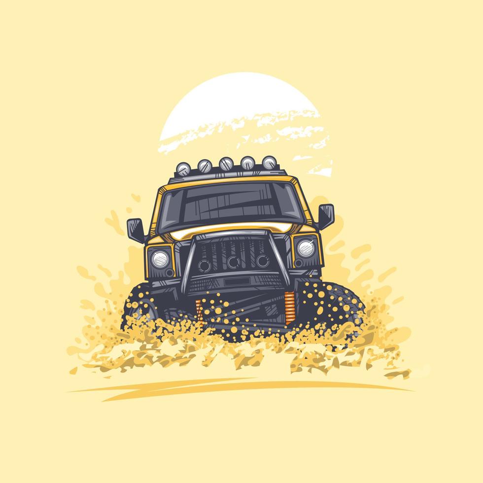 Off-road car in the desert hills has raised dust. Illustration in vector graphics.