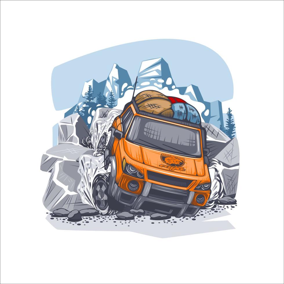 Orange SUV overcomes difficult obstacles in the mountains with luggage on the roof. Can be printed on T-shirts. vector