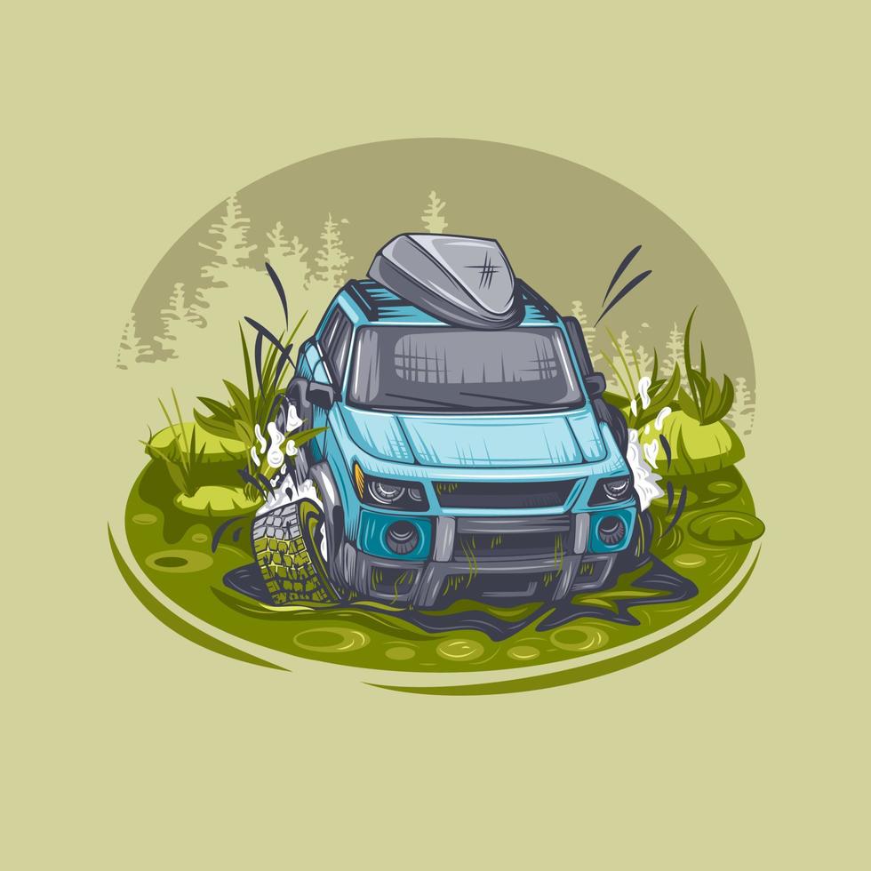 Blue SUV is stuck in a swamp and is trying to get out. Can be printed on T-shirts. vector