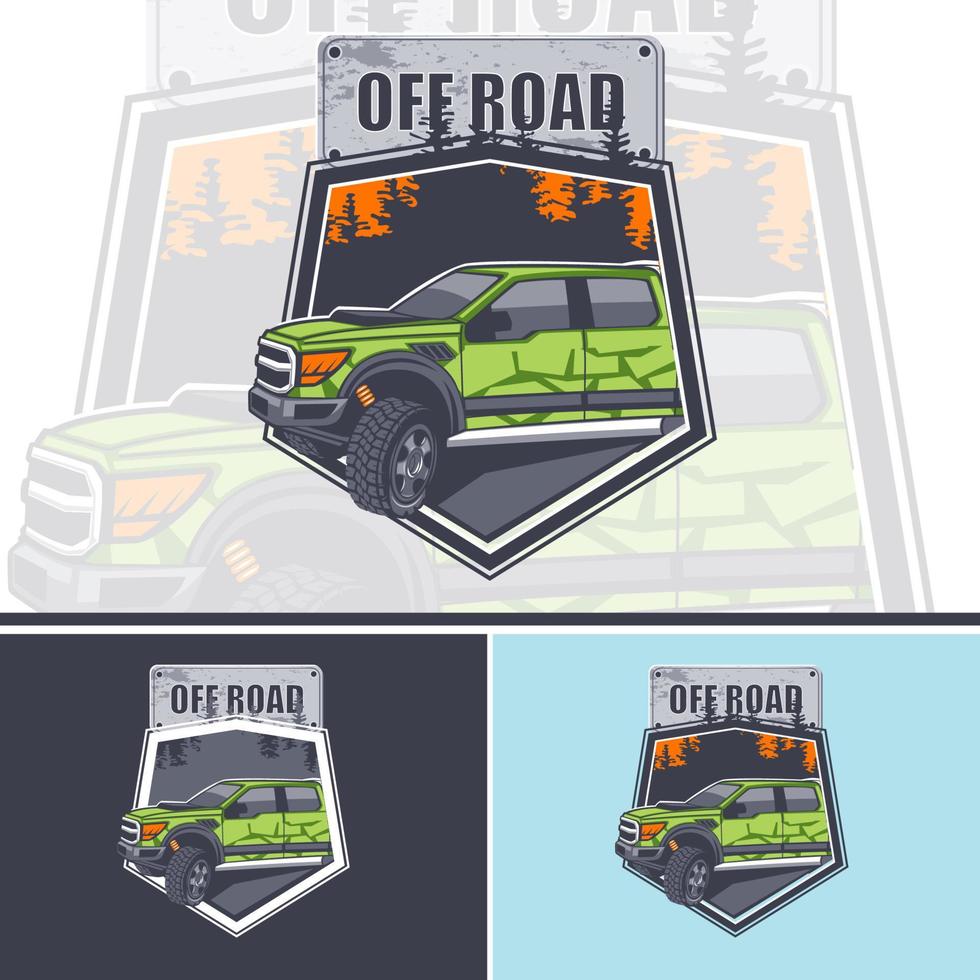 Logo of the spotted Off Road car against the background of forest. vector