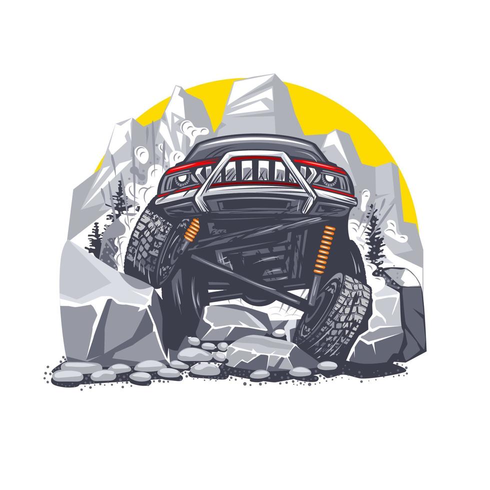 Illustration of an off-road red car overcoming difficult obstacles in the mountains. Can be used for printing on T-shirts. vector