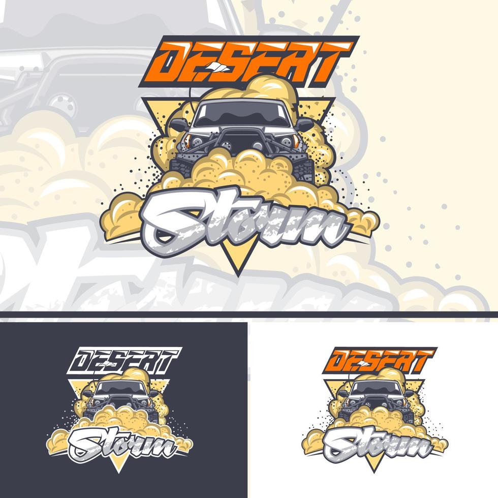 Desert Storm with an off-road car in three variants for printing on t-shirts. vector