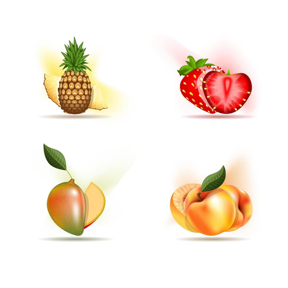 conjunto de frutas exóticas, piña, fresa, mango y melocotones vector