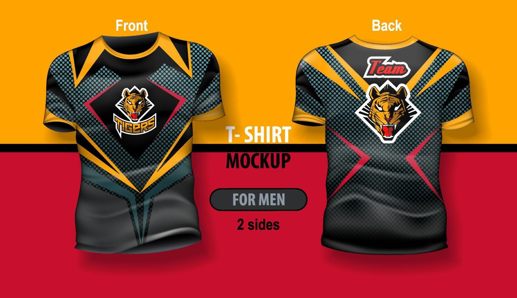 T-shirt for man front and back with team logo on abstract background. Mock-up for double-sided printing, layered and editable. vector