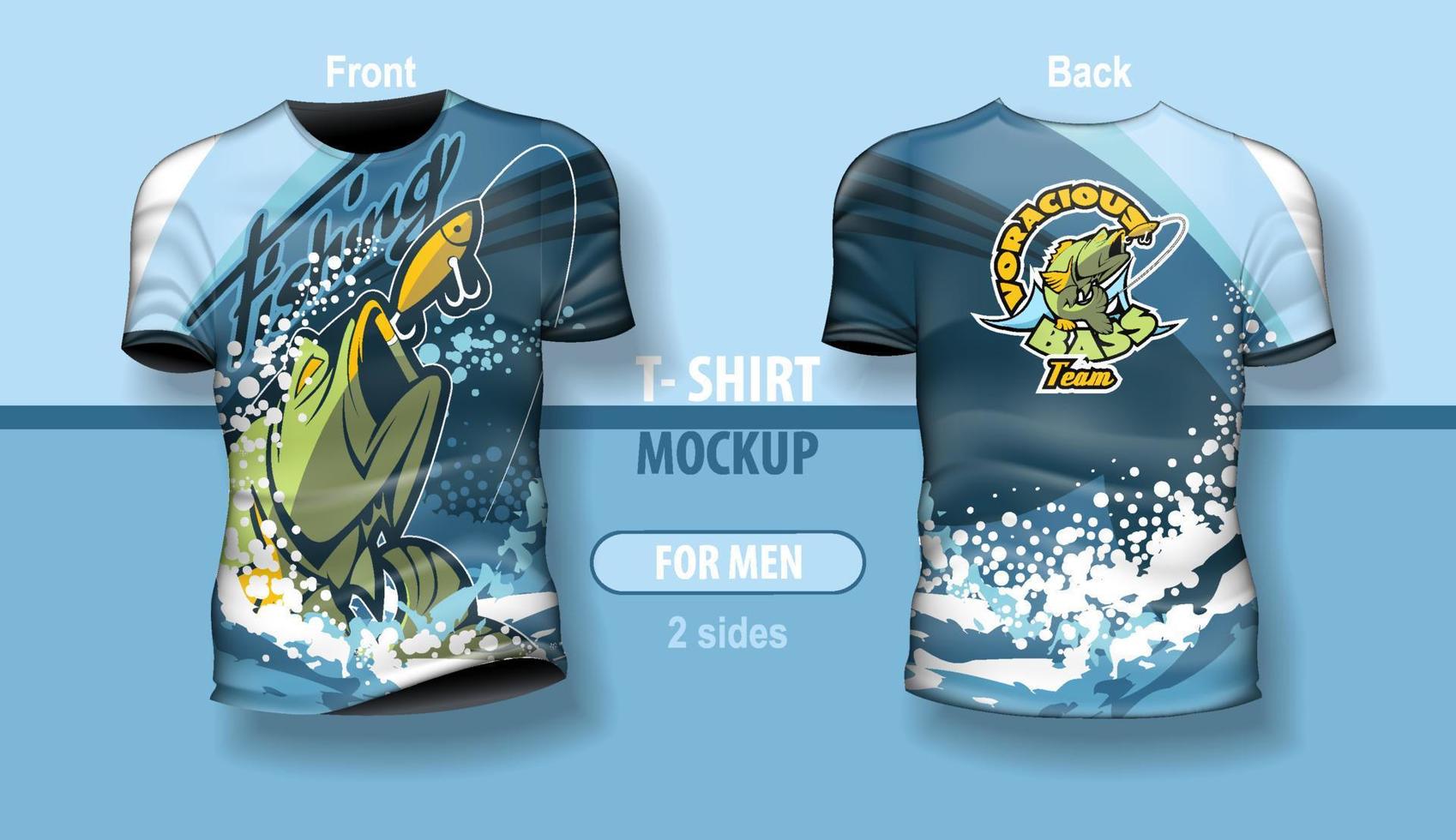 T-shirt for man front and back with fishing blue theme. Mock-up for double-sided printing, layered and editable vector