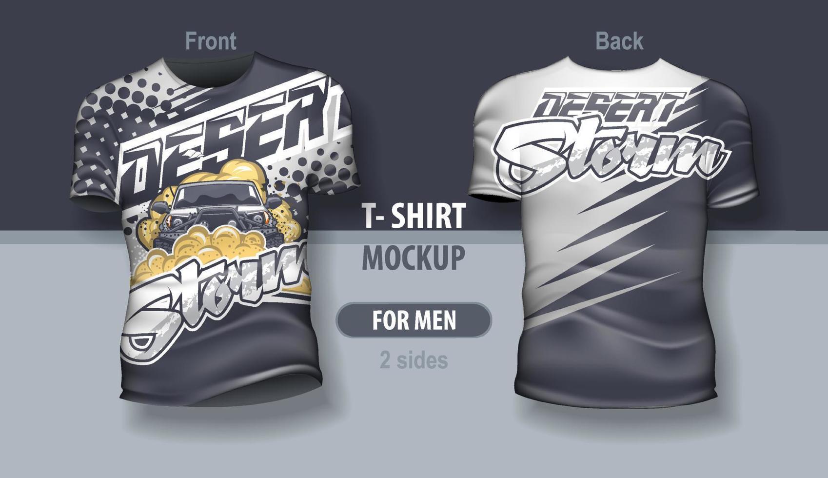 T-shirt for man front and back with SUV in Desrt Storm. Mock-up for double-sided printing. vector