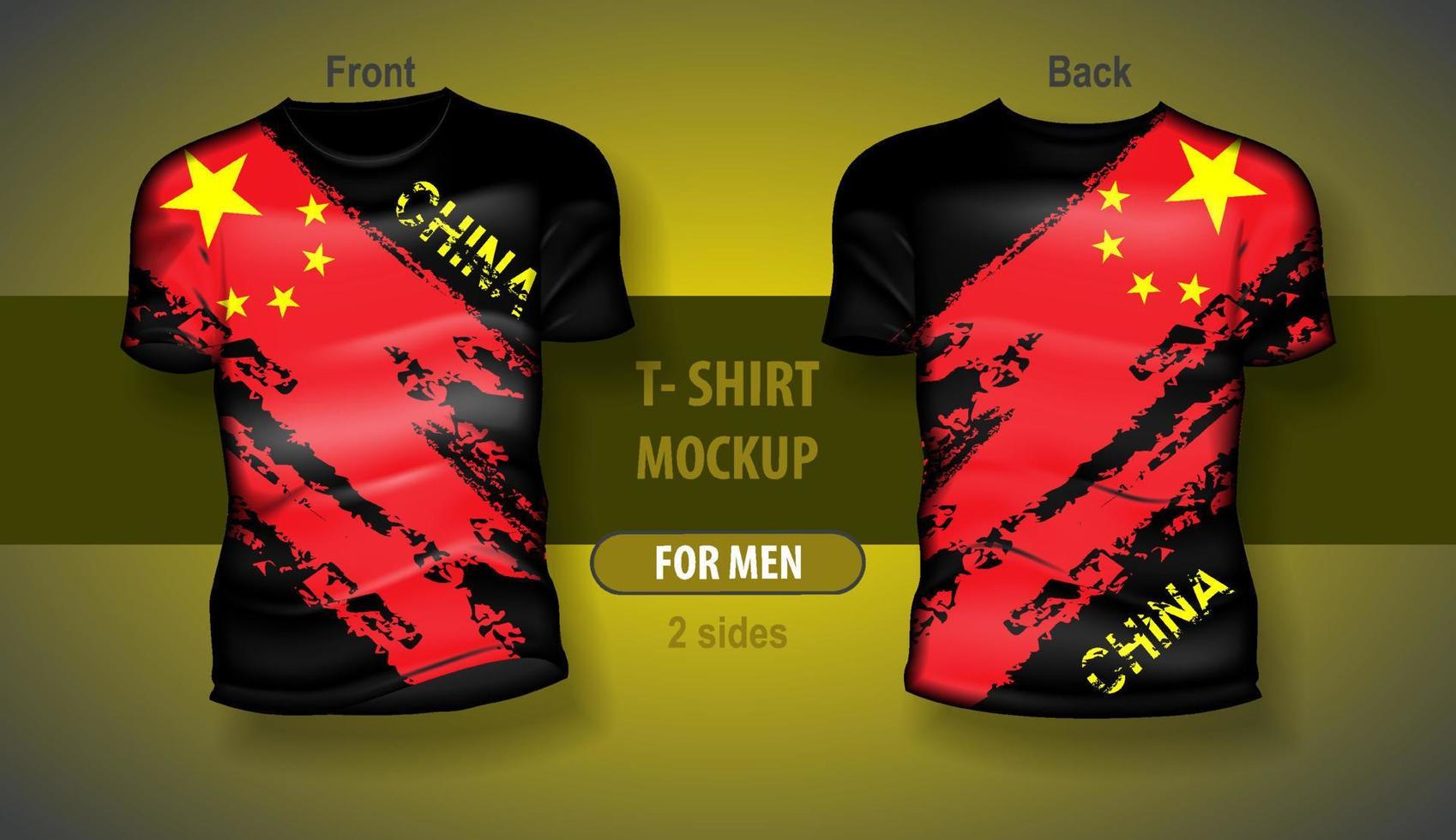 T-shirt for man front and back with China flag. Mock-up for double-sided printing vector