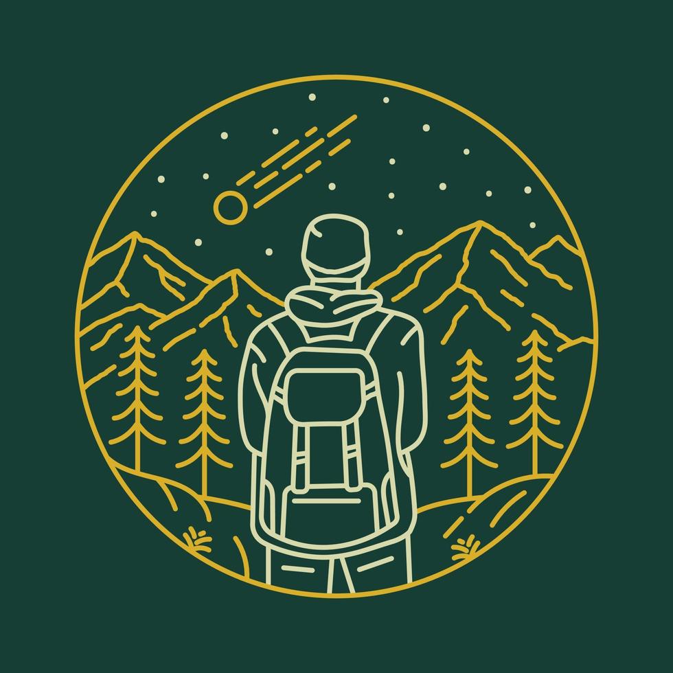 Backpacker Hiking to The Mountain Monoline Illustration for Apparel vector