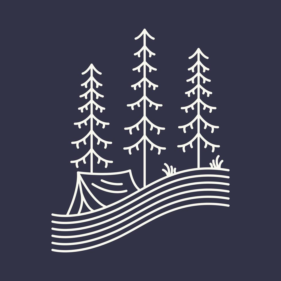 Camping Tent by the River in the Forest Monoline Illustration for Apparel vector