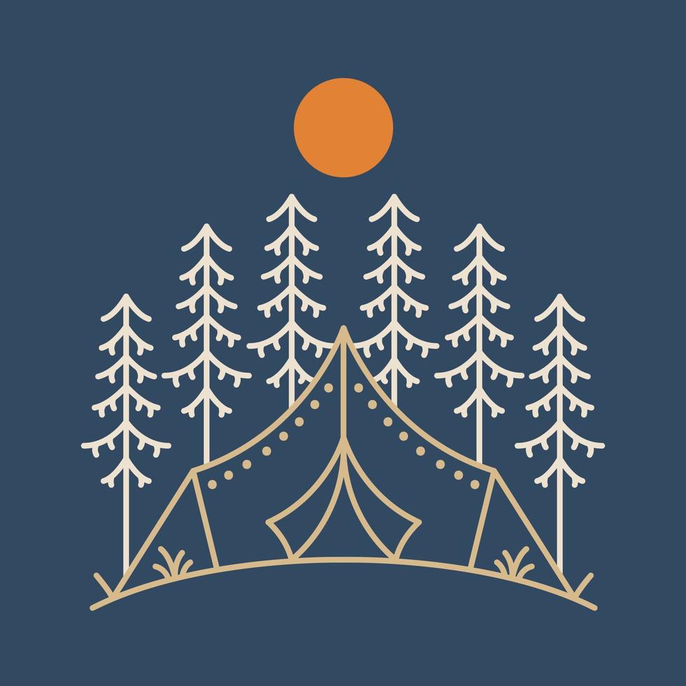 Camping Under Shady Trees in the Wild Forest Monoline Illustration for Apparel vector