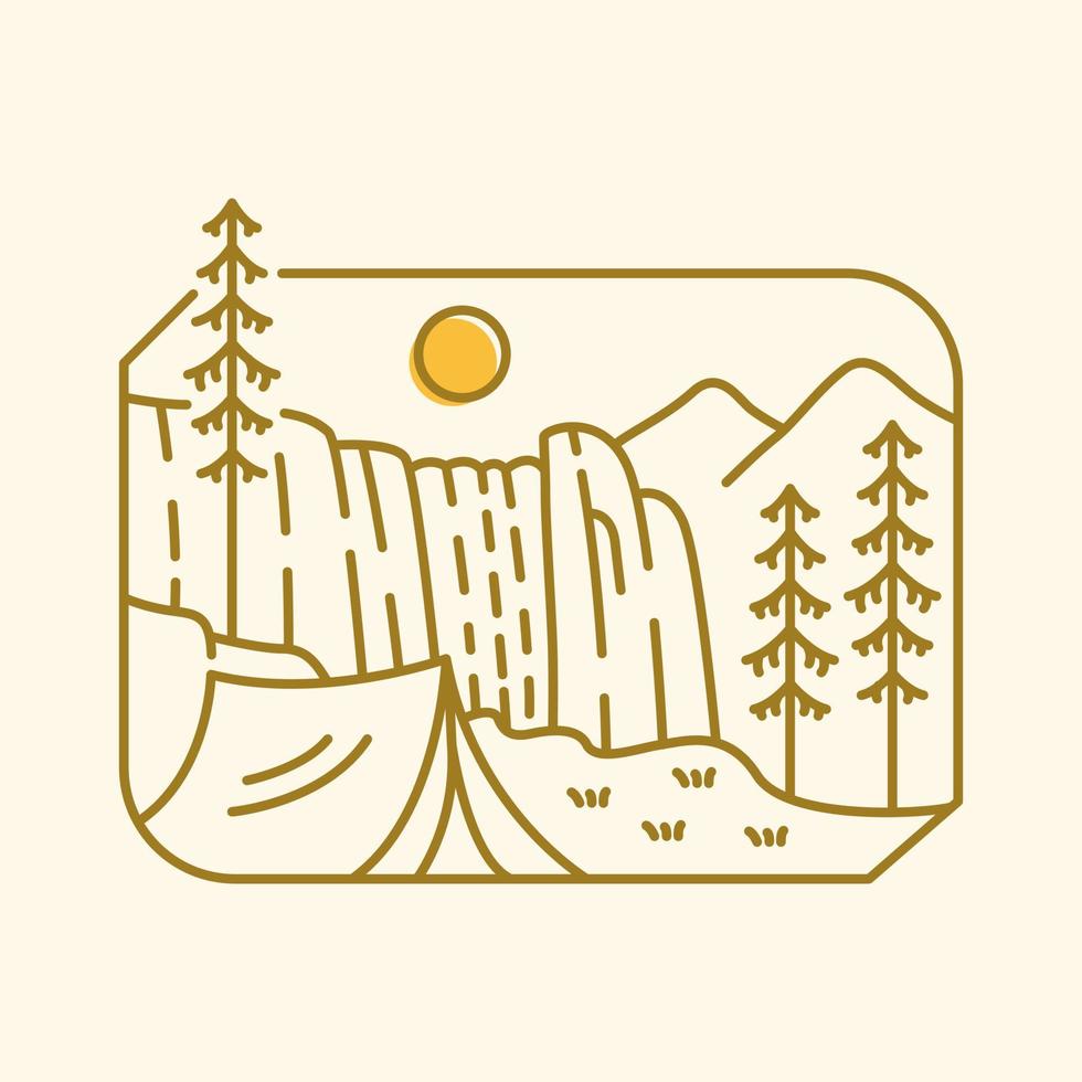 Camping Under the Waterfall Monoline Illustration for Apparel vector