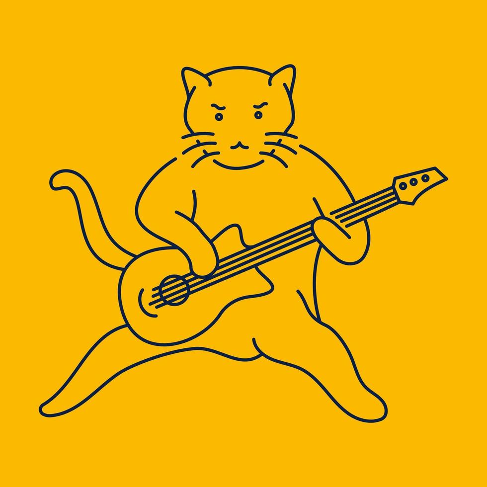 Cute Cat Playing Guitar Monoline Illustration for Apparel vector