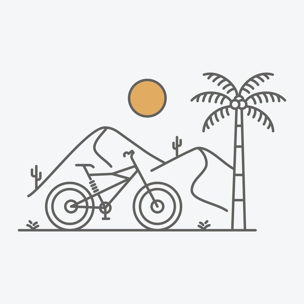 desierto bicicleta viaje monoline ilustración para prendas de vestir vector