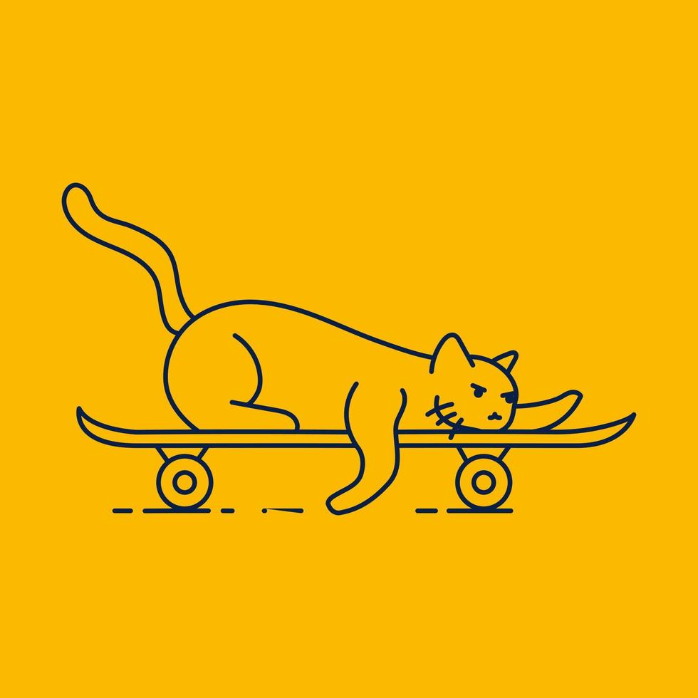 Cute Cat Playing Skateboard Monoline Illustration for Apparel vector