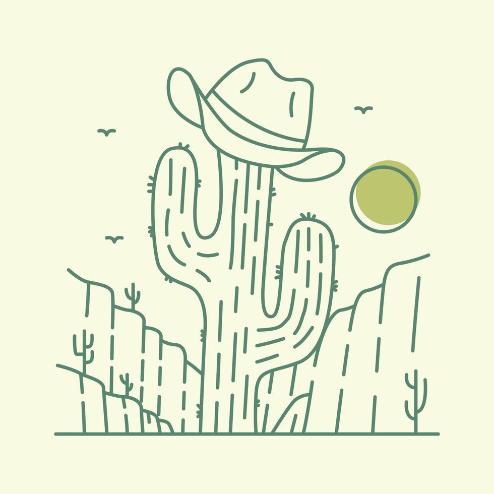 sombrero de vaquero del sheriff en un árbol de cactus del desierto suculenta ilustración monoline para prendas de vestir vector