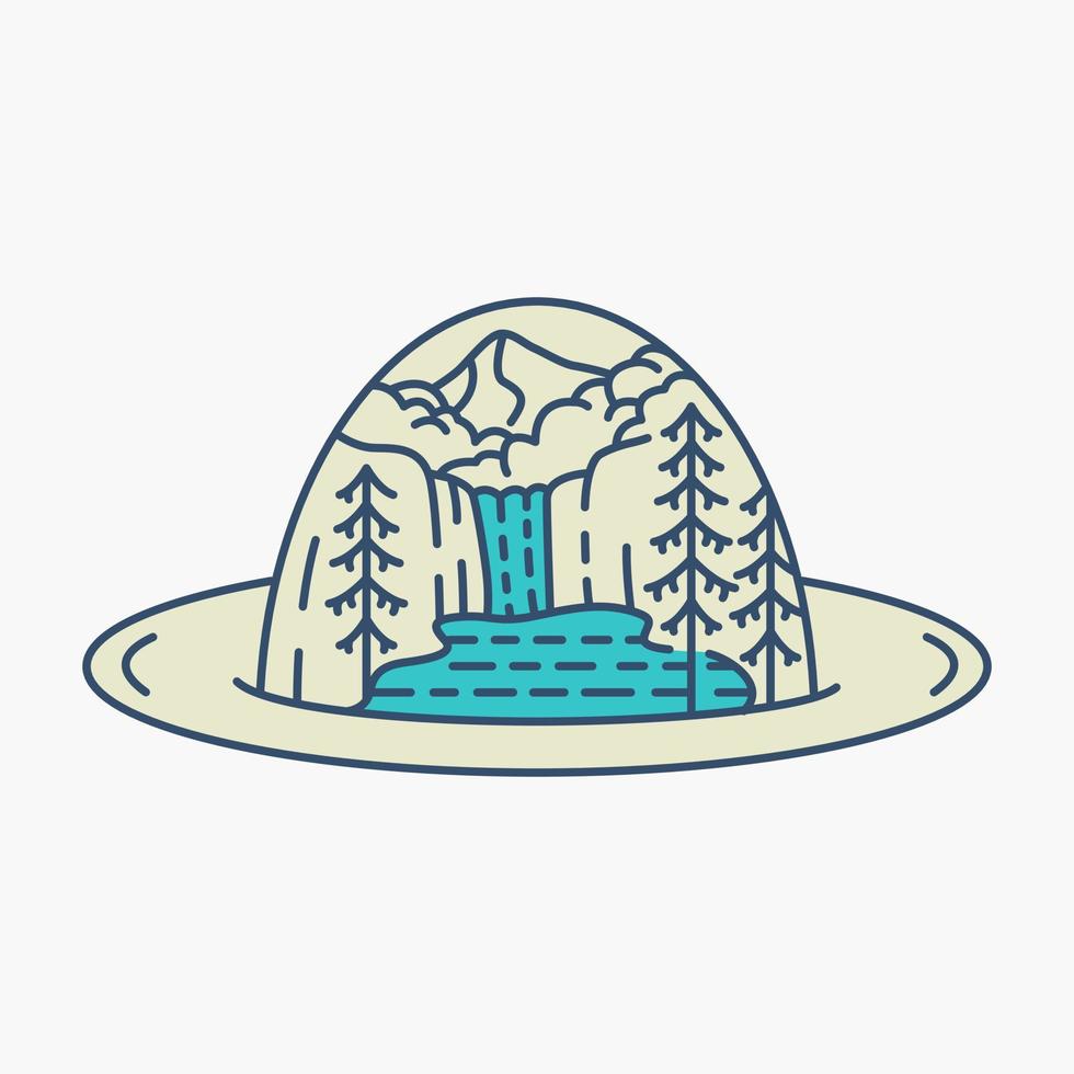 Adventurer Hat with Waterfall and Lake Monoline Illustration for Apparel vector