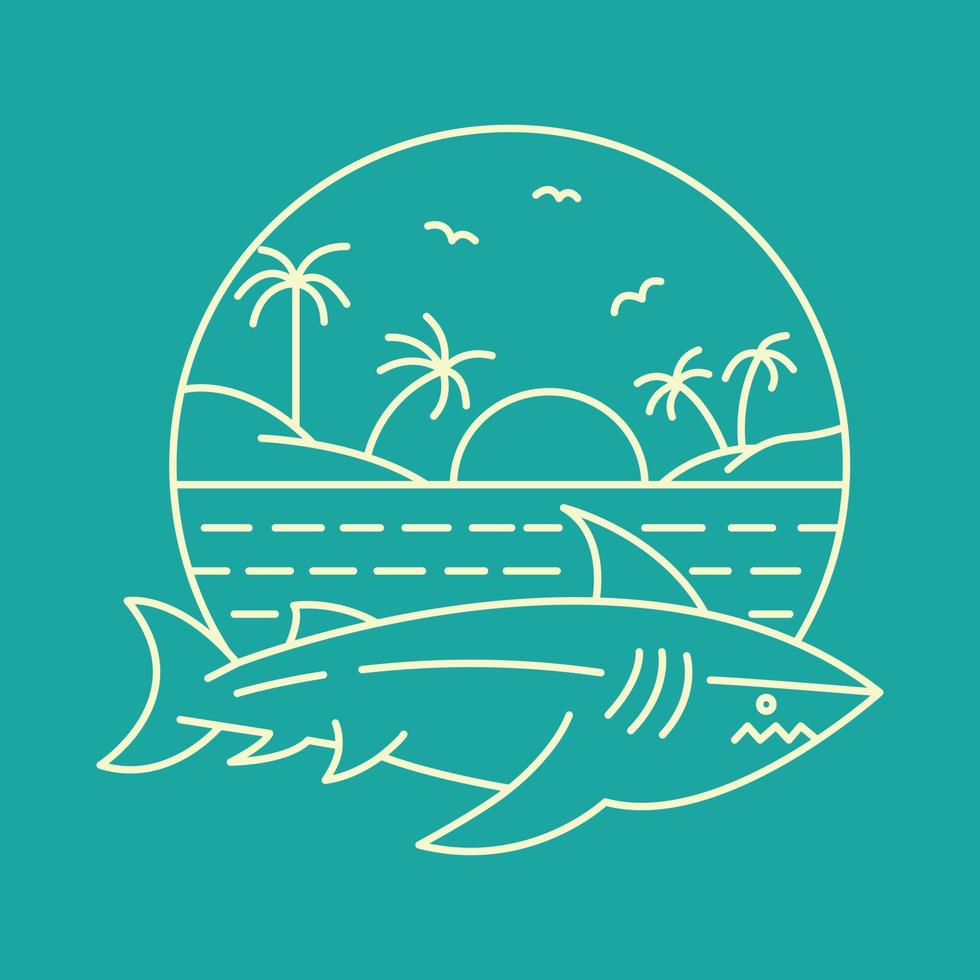 Wild Shark on the Beach with Sunset Background Monoline Illustration for Apparel vector