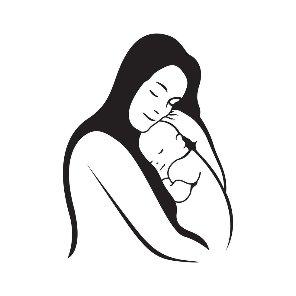 Mother Hugs Her Baby Silhouette Vector Illustration Monoline Illustration for Apparel