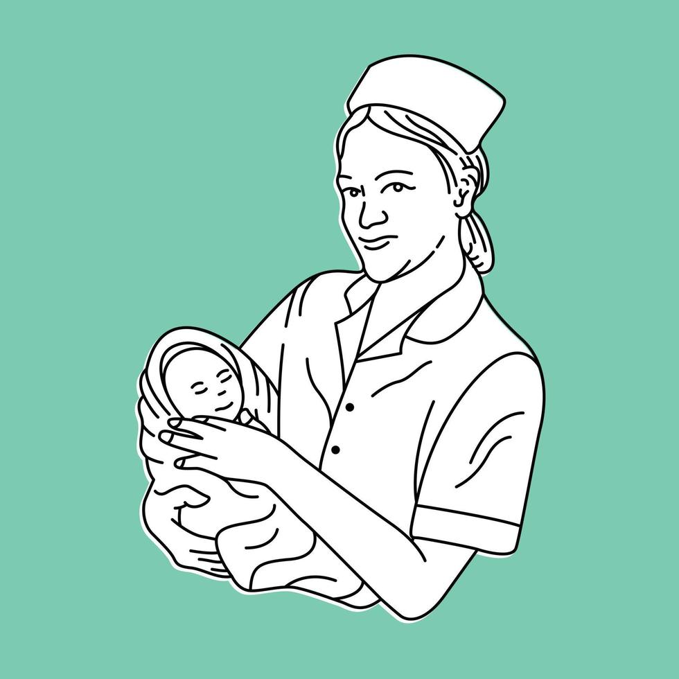 Midwife at the Hospital Holding Baby 1 Monoline Illustration for Apparel vector