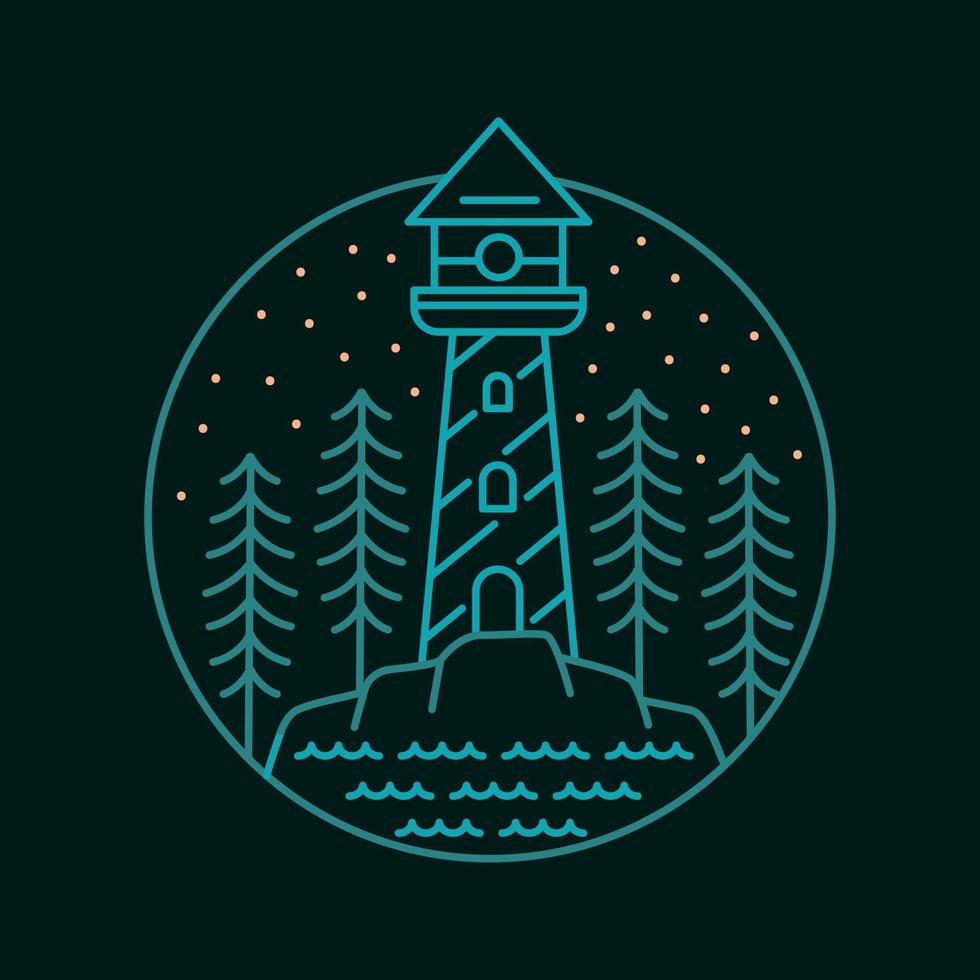 Lighthouse Building on the Beach Illuminates the Ocean at Night Monoline Illustration for Apparel vector