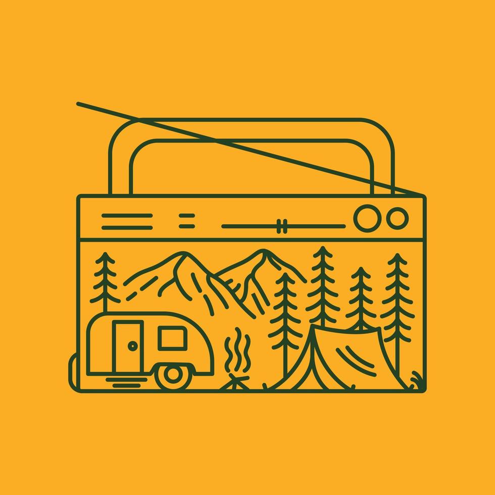 Outdoors Camping Activities with Campfire Camper Van and Mountains Background Framed Classic Radio Monoline Illustration for Apparel vector