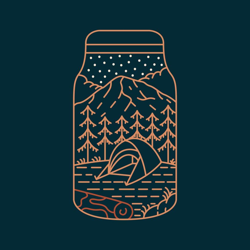 Night Camping Tent in the Woods with Mountains and Stars Background in a Jar Monoline Illustration for Apparel vector