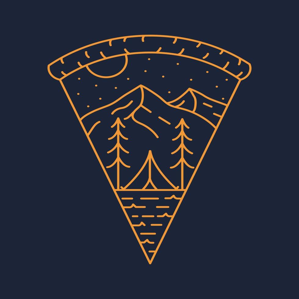 Night Camp in Nature with Pizza Monoline Illustration for Apparel vector