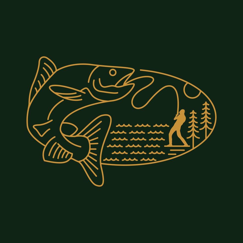 Wild Angler Fishing Getting River Fish Monoline Illustration for Apparel vector