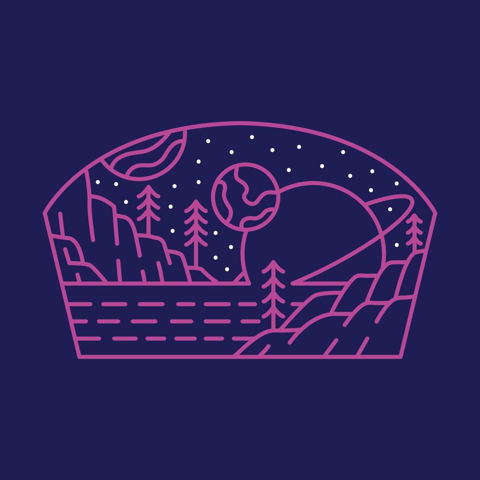 Wild Nature Landscape with Space Background Monoline Illustration for Apparel vector