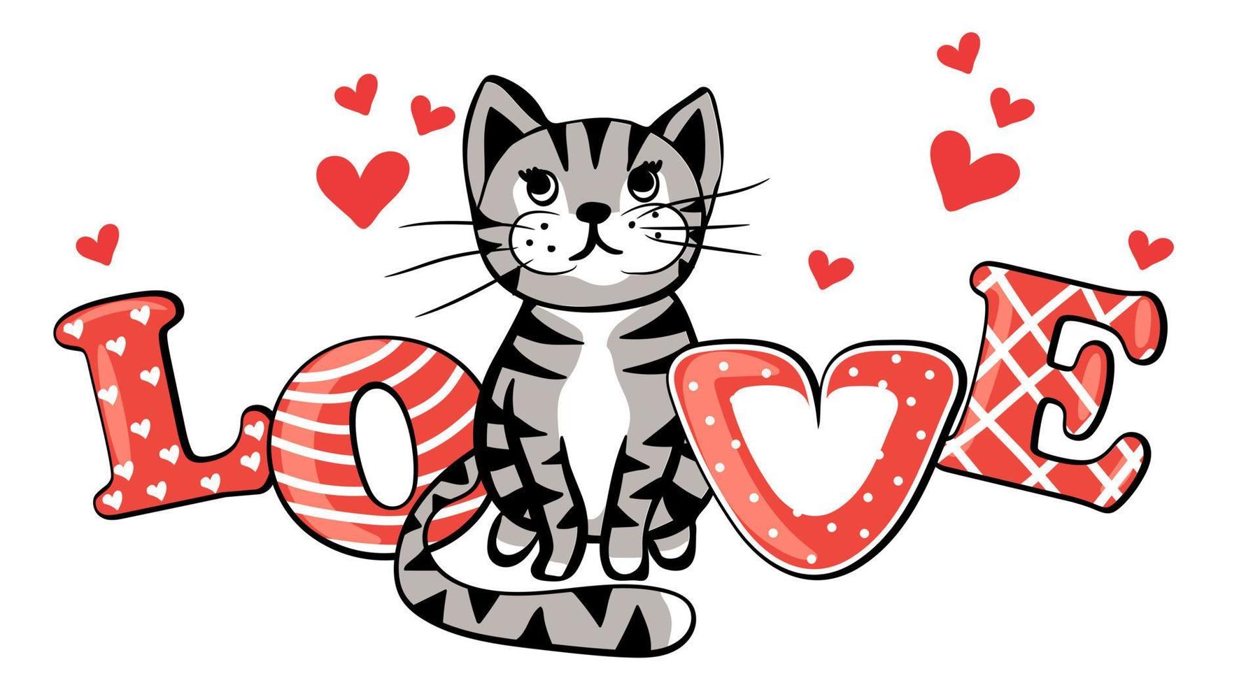 lindo gato rayado con texto de amor vector