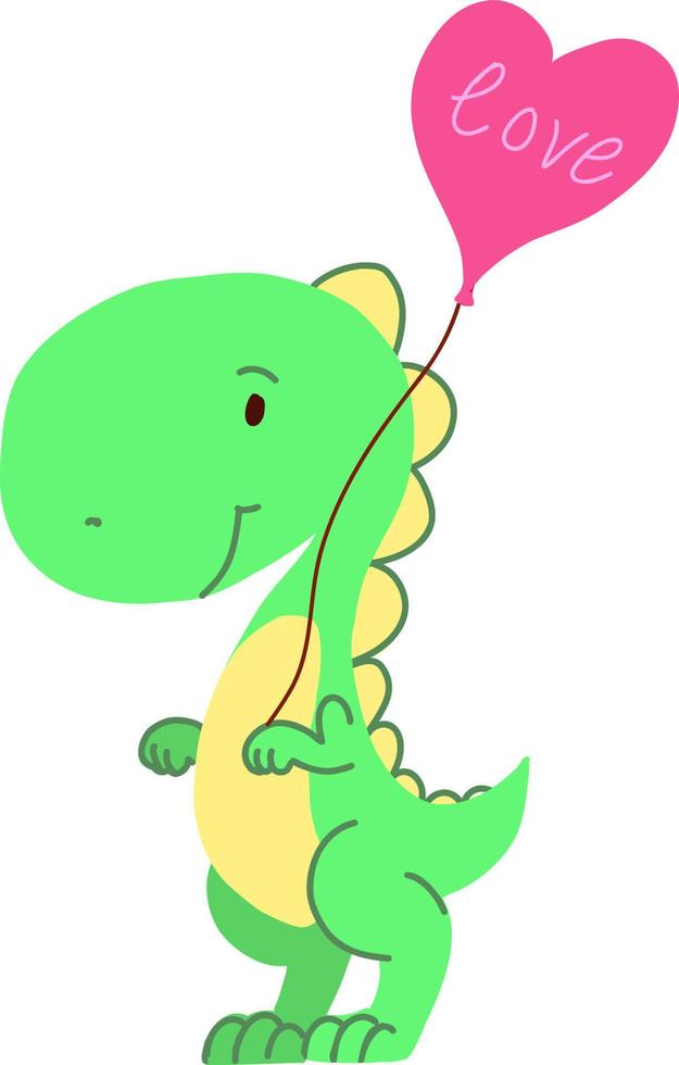 An illustration of a dinosaur in green color with a cartoon heart shaped balloon. vector