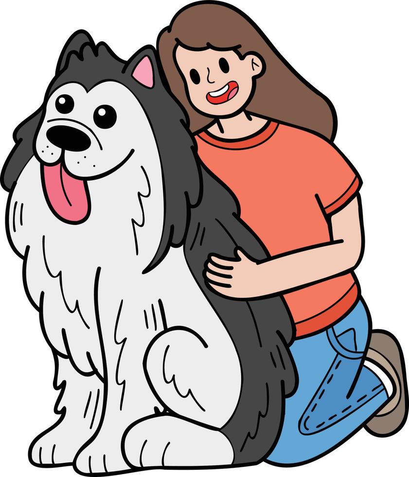 perro husky dibujado a mano abrazado por la ilustración del propietario en estilo garabato vector