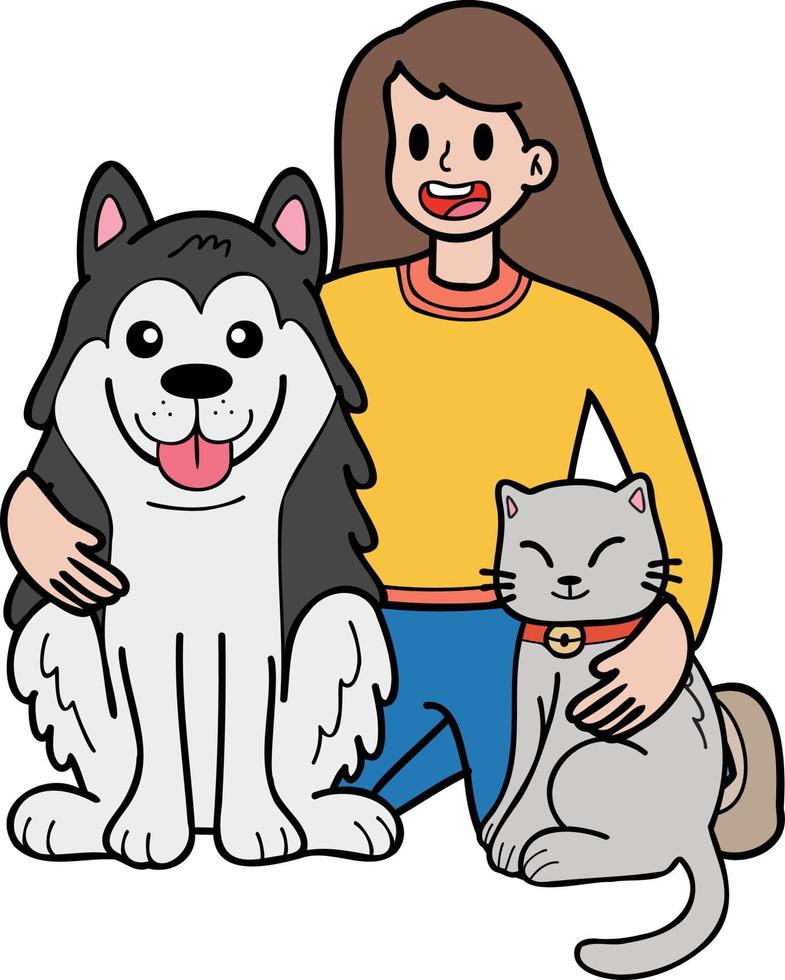 perro husky dibujado a mano con ilustración de gato y propietario en estilo garabato vector